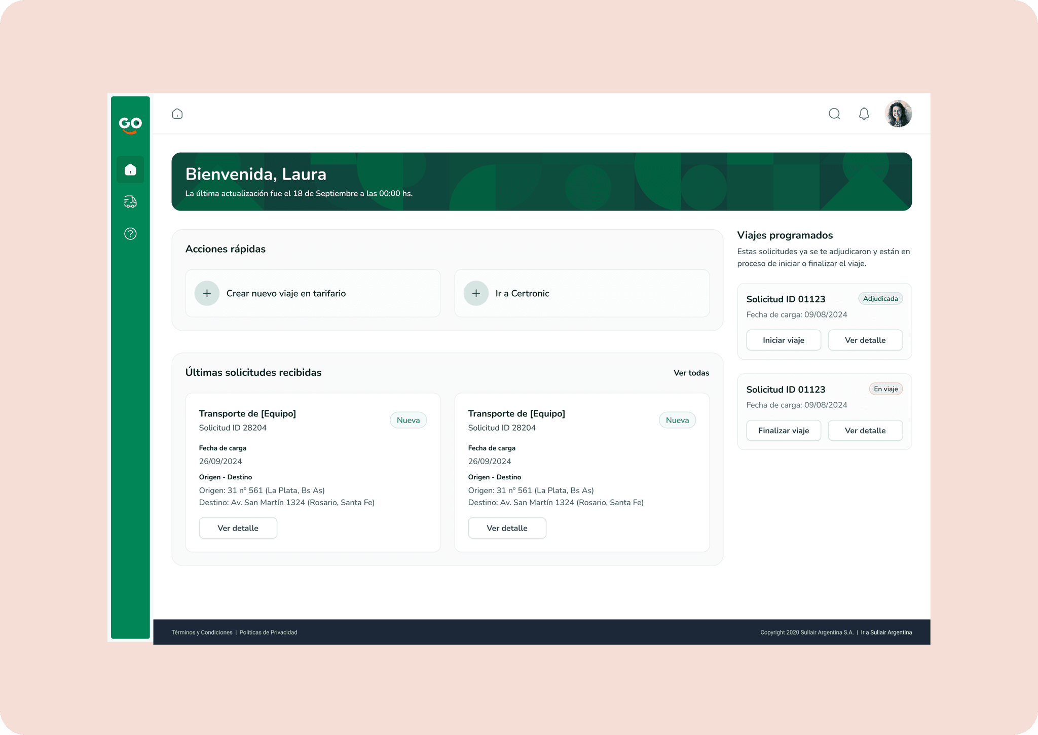 Diseño final del inicio para transportistas con solicitudes recibidas y viajes programados