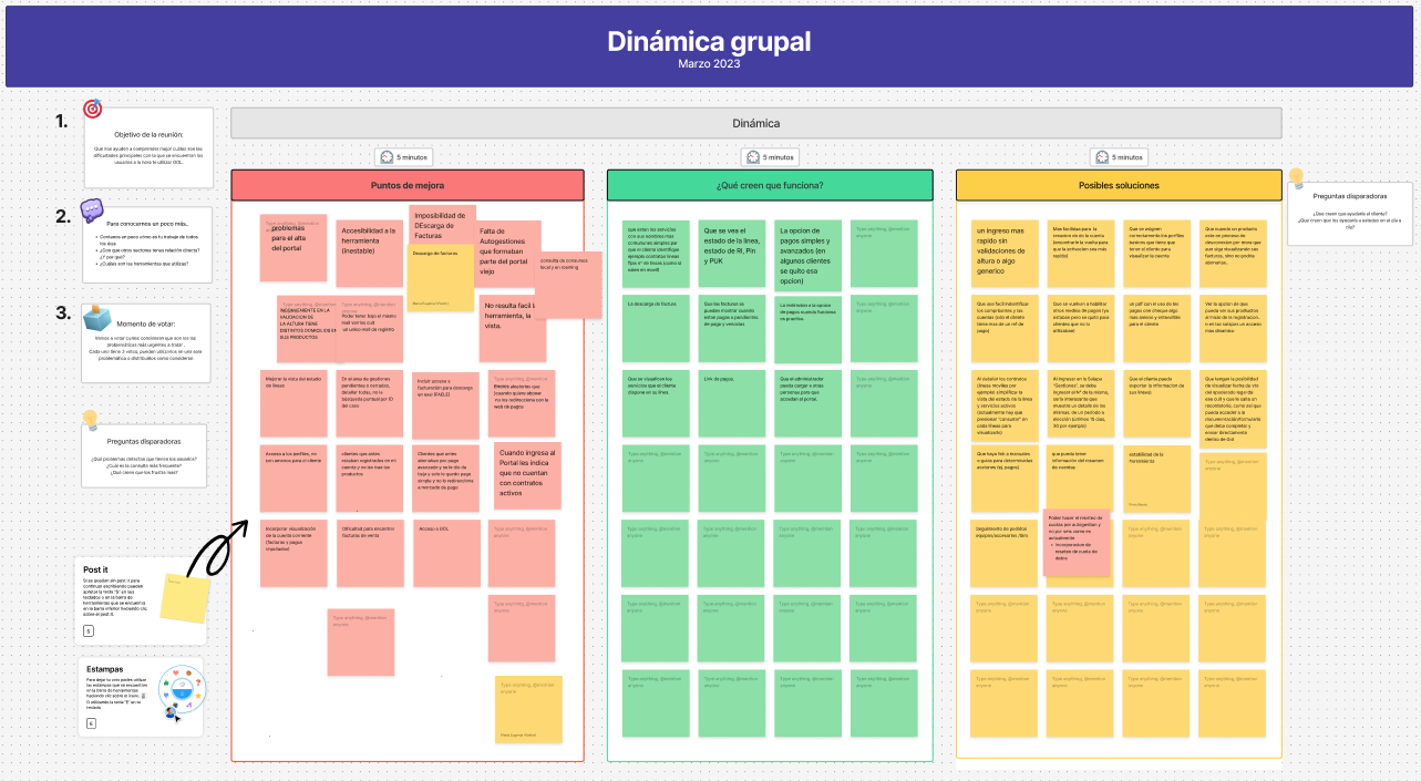 Tablero de dinámica grupal con puntos de mejora, aspectos que funcionan y posibles soluciones